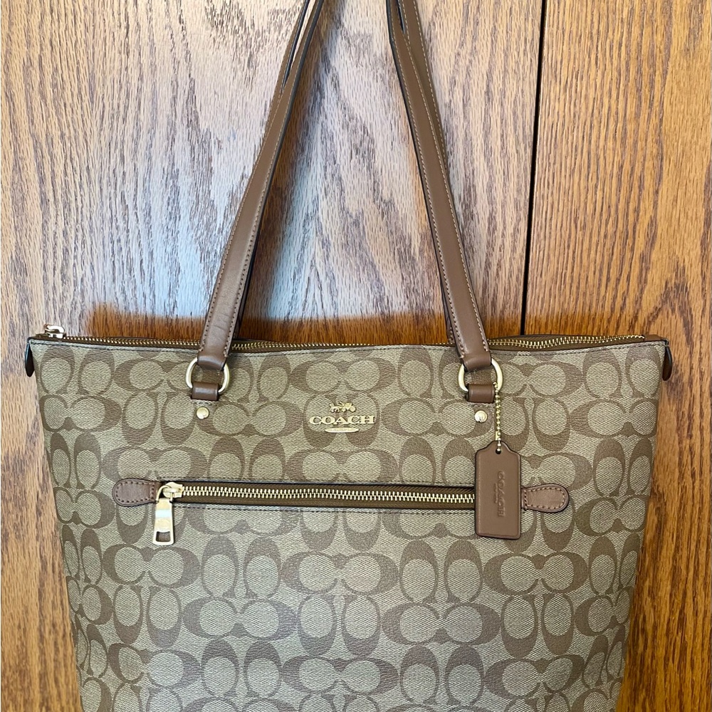 Coach Brown Monogram Tote with Leather Accents